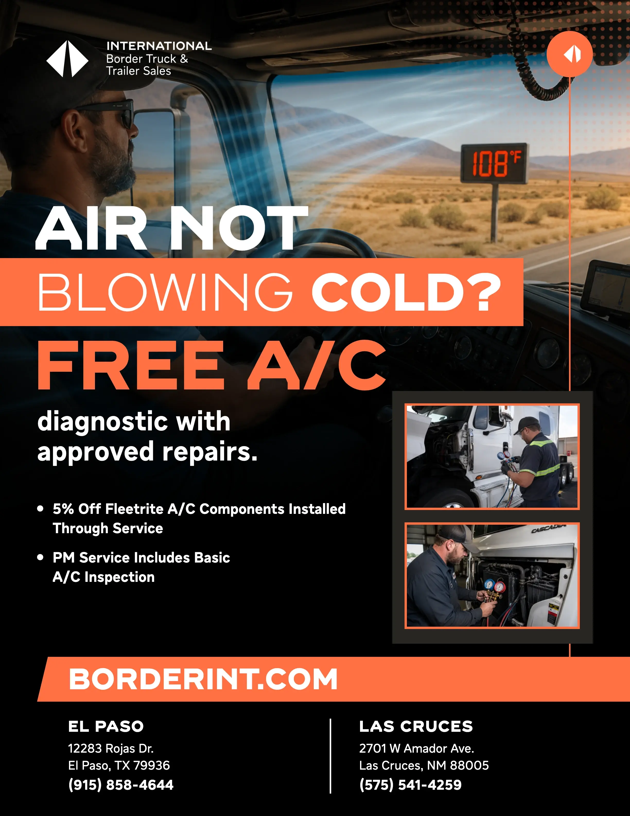 Border International A/C service promotion flyer: free A/C diagnostic with approved repairs
