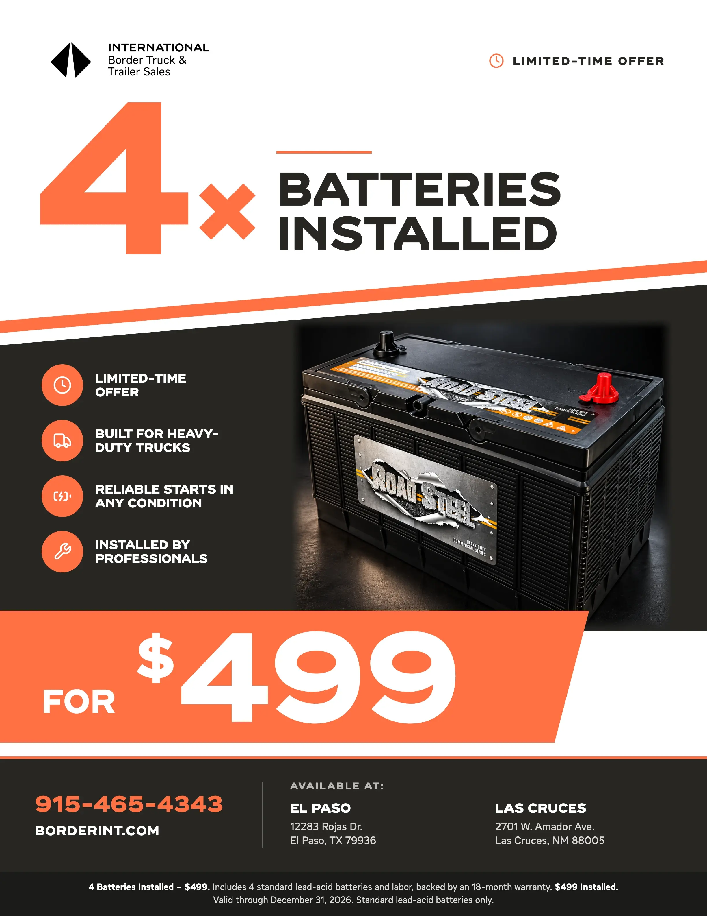 Border International 4 batteries installed for $499 promotion flyer